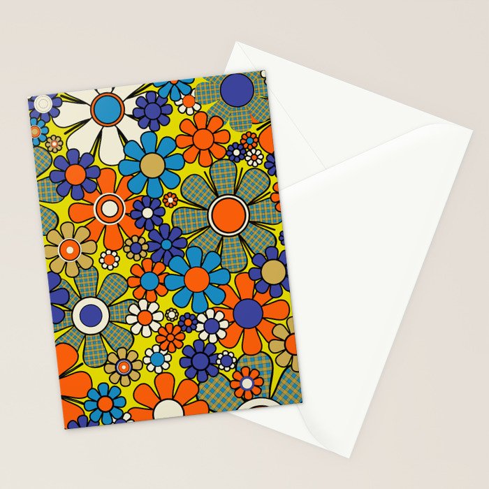 Groovy Retro Garden Gingham Flowers 60s 70s Maximalist Floral Pattern Blue Orange Yellow Stationery Card Gallery Image 2