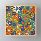 Groovy Retro Garden Gingham Flowers 60s 70s Maximalist Floral Pattern Blue Orange Yellow Mini Art Print Gallery Image 1