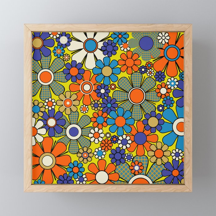 Groovy Retro Garden Gingham Flowers 60s 70s Maximalist Floral Pattern Blue Orange Yellow Mini Art Print Gallery Image 1