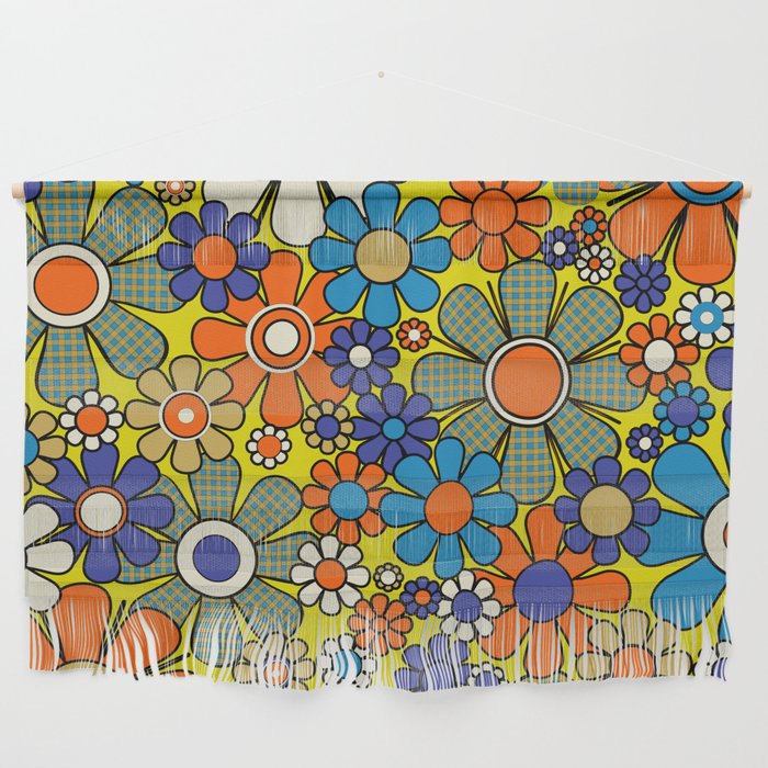 Groovy Retro Garden Gingham Flowers 60s 70s Maximalist Floral Pattern Blue Orange Yellow Wall Hanging Gallery Image 1