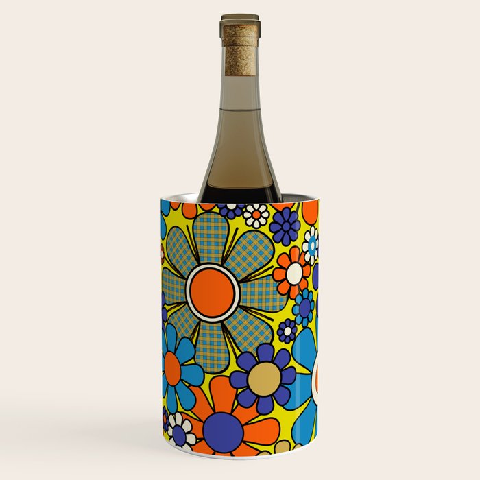 Groovy Retro Garden Gingham Flowers 60s 70s Maximalist Floral Pattern Blue Orange Yellow Wine Chiller Gallery Image 3