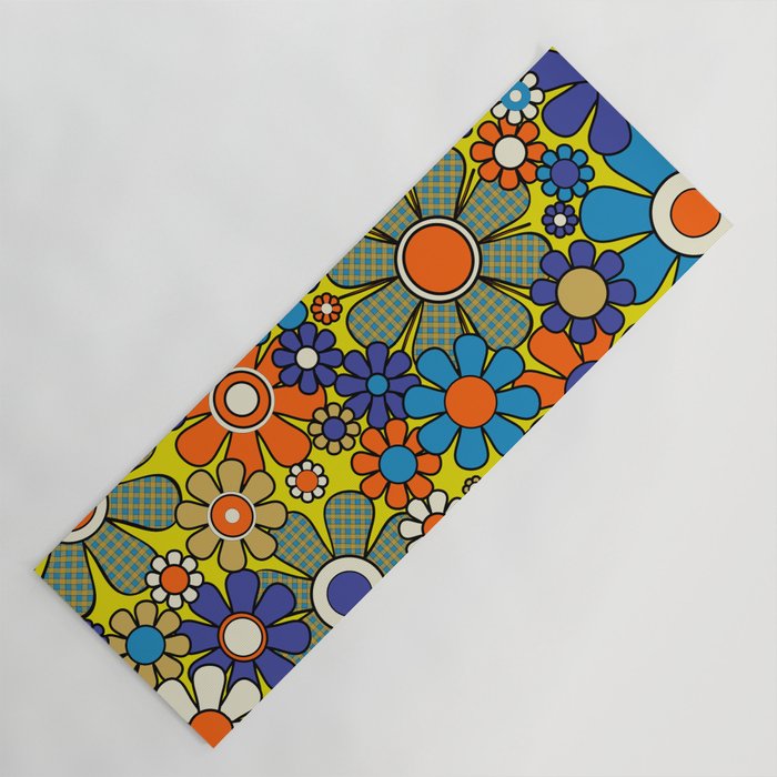 Groovy Retro Garden Gingham Flowers 60s 70s Maximalist Floral Pattern Blue Orange Yellow Yoga Mat Gallery Image 1