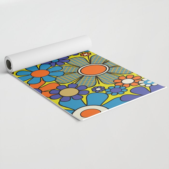 Groovy Retro Garden Gingham Flowers 60s 70s Maximalist Floral Pattern Blue Orange Yellow Yoga Mat Gallery Image 2