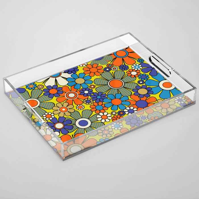 Groovy Retro Garden Gingham Flowers 60s 70s Maximalist Floral Pattern Blue Orange Yellow Acrylic Tray Gallery Image 1
