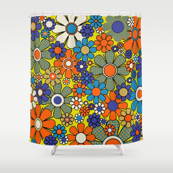 Groovy Retro Garden Gingham Flowers 60s 70s Maximalist Floral Pattern Blue Orange Yellow Shower Curtain Gallery Image 1