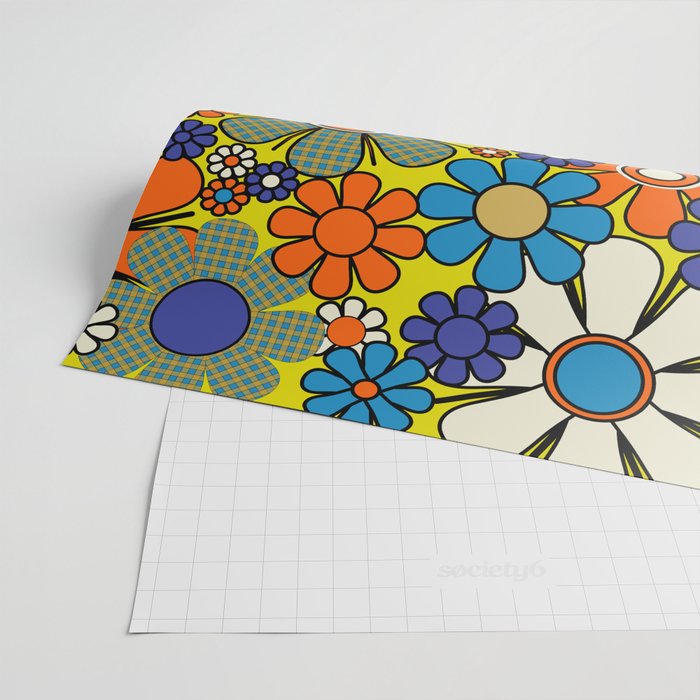 Groovy Retro Garden Gingham Flowers 60s 70s Maximalist Floral Pattern Blue Orange Yellow Wrapping Paper Gallery Image 2