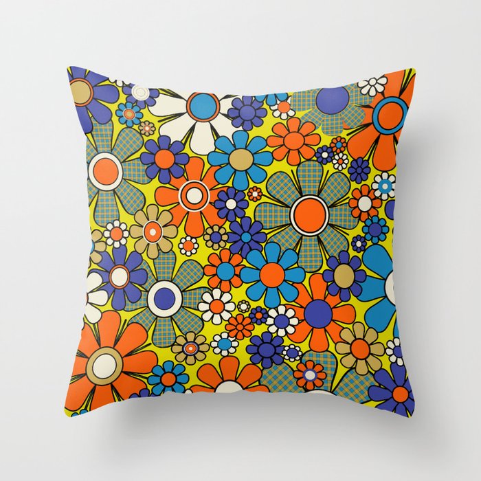 Groovy Retro Garden Gingham Flowers 60s 70s Maximalist Floral Pattern Blue Orange Yellow Throw Pillow Gallery Image 6