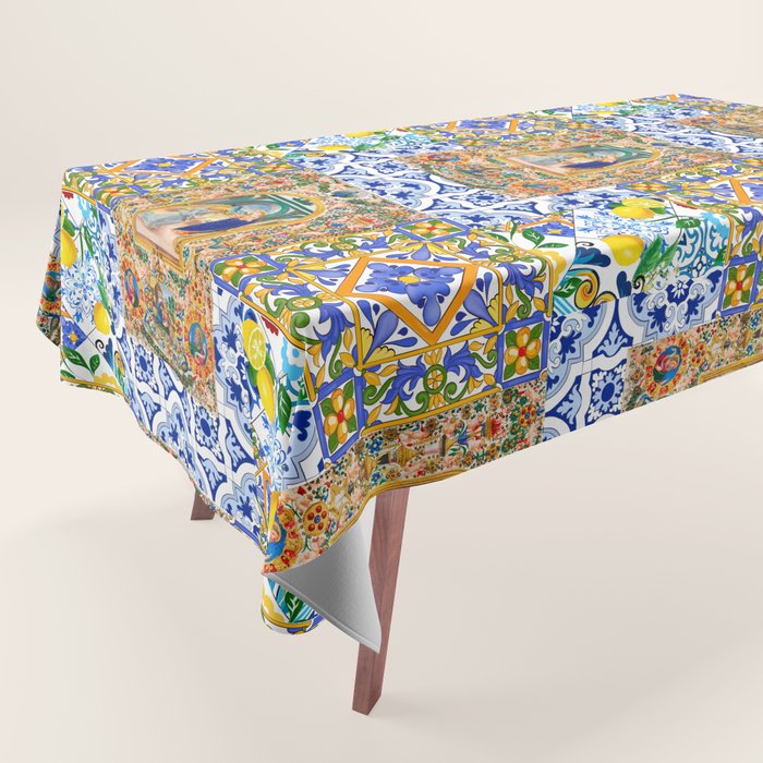 Italian,Sicilian art,holy Mary,Virgin Mary,maiolica,tiles,lemons,Citrus  Tablecloth Gallery Image 1