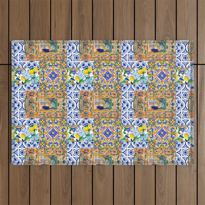 Italian,Sicilian art,holy Mary,Virgin Mary,maiolica,tiles,lemons,Citrus  Outdoor Rug Gallery Image 1