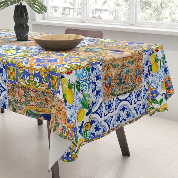 Italian,Sicilian art,holy Mary,Virgin Mary,maiolica,tiles,lemons,Citrus  Tablecloth Gallery Image 3