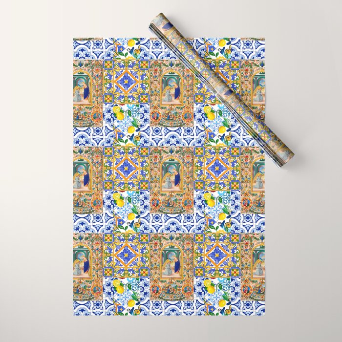 Italian,Sicilian art,holy Mary,Virgin Mary,maiolica,tiles,lemons,Citrus  Wrapping Paper Gallery Image 1