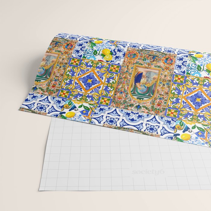 Italian,Sicilian art,holy Mary,Virgin Mary,maiolica,tiles,lemons,Citrus  Wrapping Paper Gallery Image 2