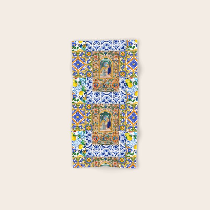 Italian,Sicilian art,holy Mary,Virgin Mary,maiolica,tiles,lemons,Citrus  Bath Towel Gallery Image 1