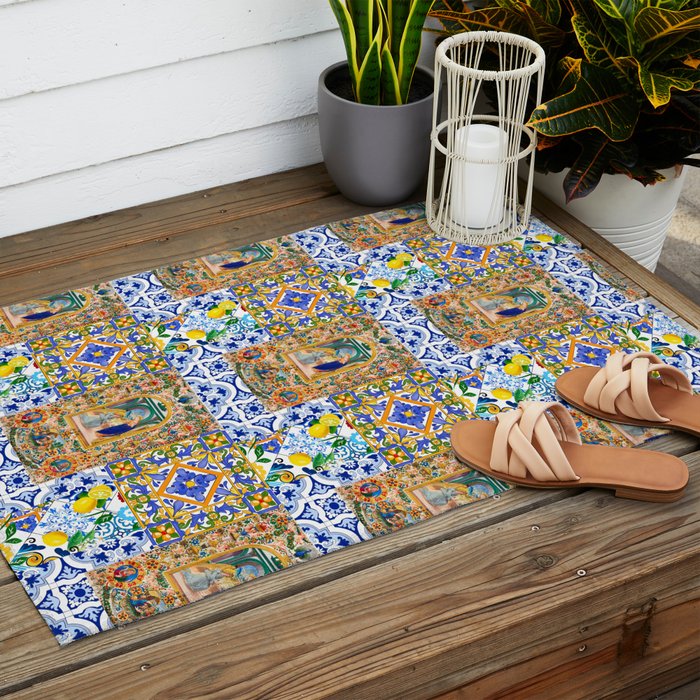 Italian,Sicilian art,holy Mary,Virgin Mary,maiolica,tiles,lemons,Citrus  Outdoor Rug Gallery Image 2