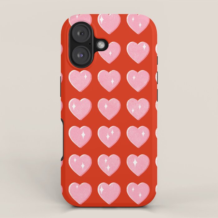 Love Hearts - pink hearts on red iPhone Case Gallery Image 1