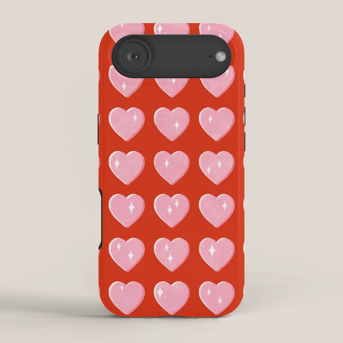 Love Hearts - pink hearts on red iPhone Case Gallery Image 2