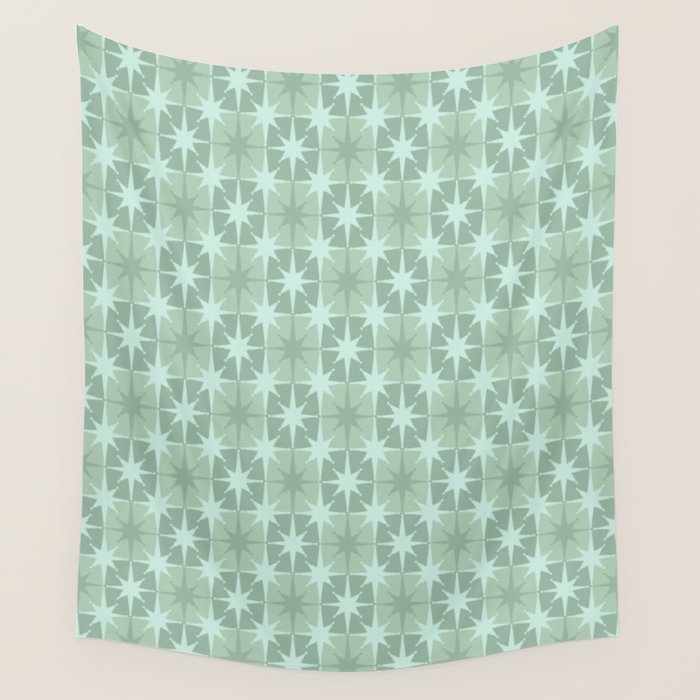 Mid Century Modern Atomic Stars Checkered Starburst Pattern in Retro Sea Glass Green Tone Wall Tapestry Gallery Image 4
