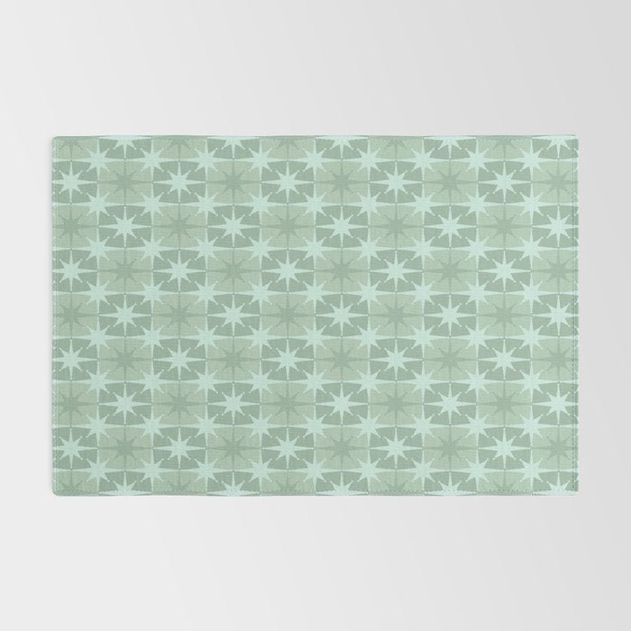 Mid Century Modern Atomic Stars Checkered Starburst Pattern in Retro Sea Glass Green Tone Rug Gallery Image 2