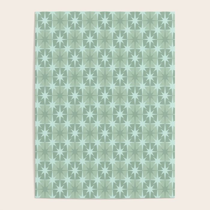 Mid Century Modern Atomic Stars Checkered Starburst Pattern in Retro Sea Glass Green Tone Poster Gallery Image 1