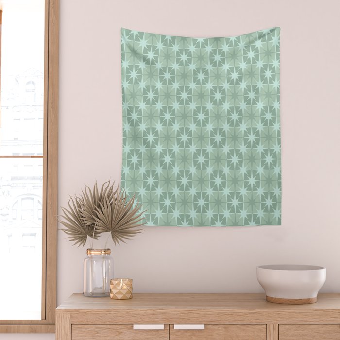 Mid Century Modern Atomic Stars Checkered Starburst Pattern in Retro Sea Glass Green Tone Wall Tapestry Gallery Image 2