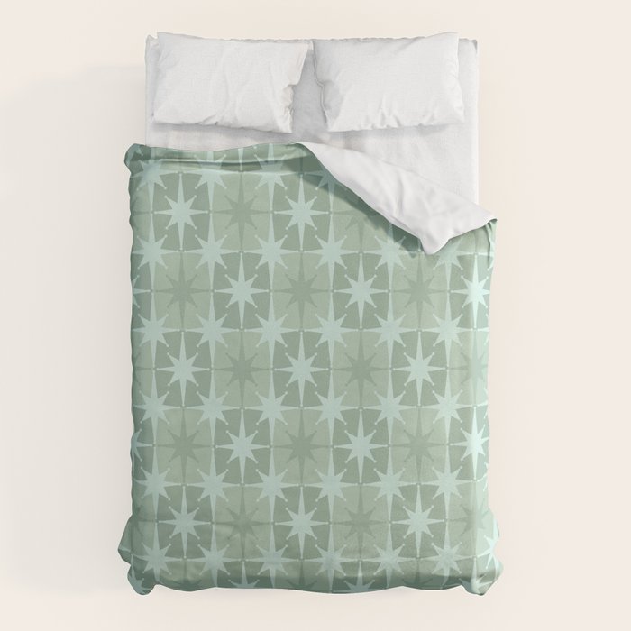 Mid Century Modern Atomic Stars Checkered Starburst Pattern in Retro Sea Glass Green Tone Duvet Cover Gallery Image 6