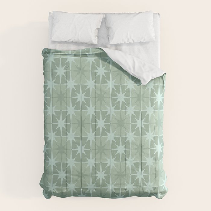 Mid Century Modern Atomic Stars Checkered Starburst Pattern in Retro Sea Glass Green Tone Comforter Gallery Image 6
