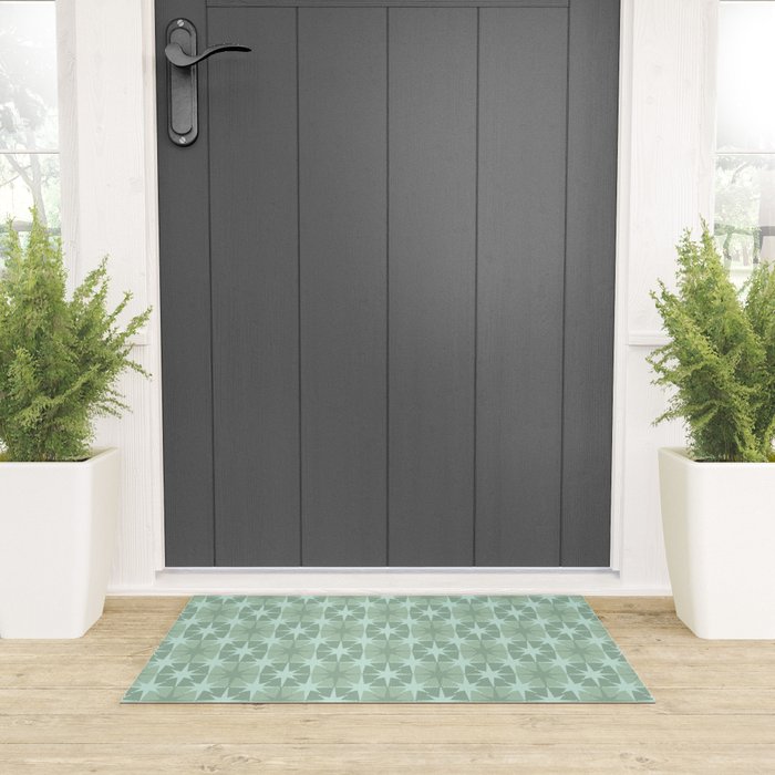 Mid Century Modern Atomic Stars Checkered Starburst Pattern in Retro Sea Glass Green Tone Welcome Mat Gallery Image 3