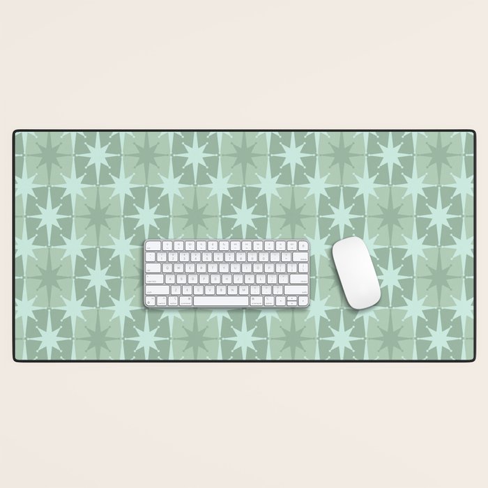 Mid Century Modern Atomic Stars Checkered Starburst Pattern in Retro Sea Glass Green Tone Desk Mat Gallery Image 1