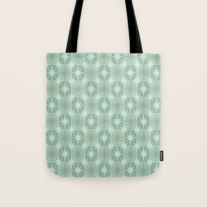 Mid Century Modern Atomic Stars Checkered Starburst Pattern in Retro Sea Glass Green Tone Tote Bag Gallery Image 1