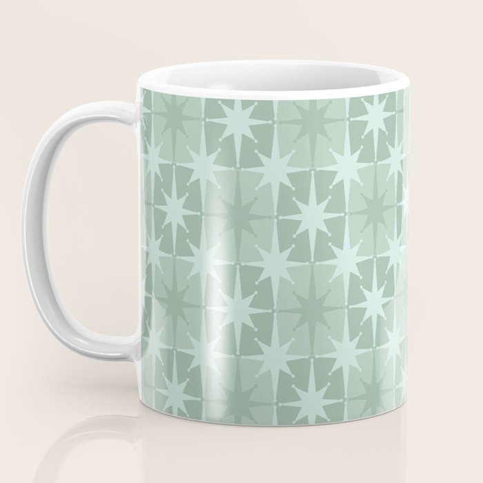 Mid Century Modern Atomic Stars Checkered Starburst Pattern in Retro Sea Glass Green Tone Coffee Mug Gallery Image 3