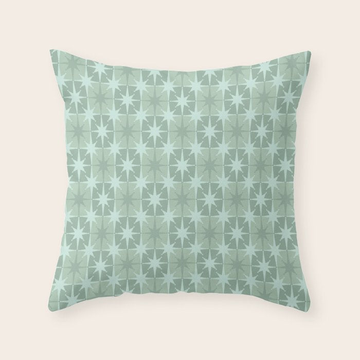 Mid Century Modern Atomic Stars Checkered Starburst Pattern in Retro Sea Glass Green Tone Throw Pillow Gallery Image 6
