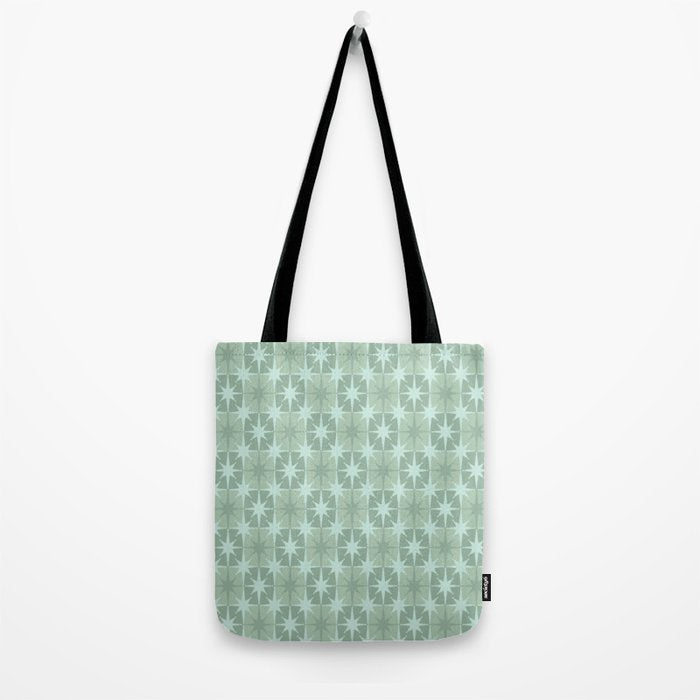 Mid Century Modern Atomic Stars Checkered Starburst Pattern in Retro Sea Glass Green Tone Tote Bag Gallery Image 2