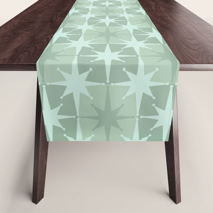 Mid Century Modern Atomic Stars Checkered Starburst Pattern in Retro Sea Glass Green Tone Table Runner Gallery Image 1