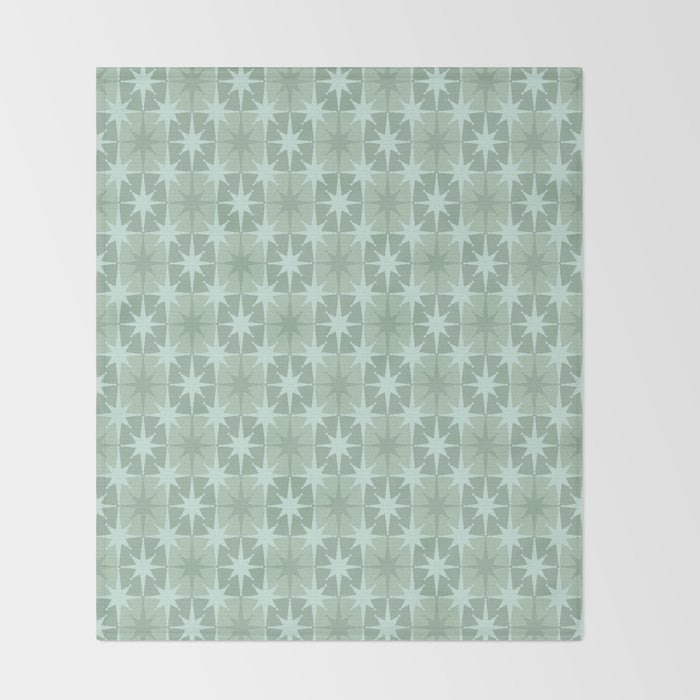 Mid Century Modern Atomic Stars Checkered Starburst Pattern in Retro Sea Glass Green Tone Throw Blanket Gallery Image 2