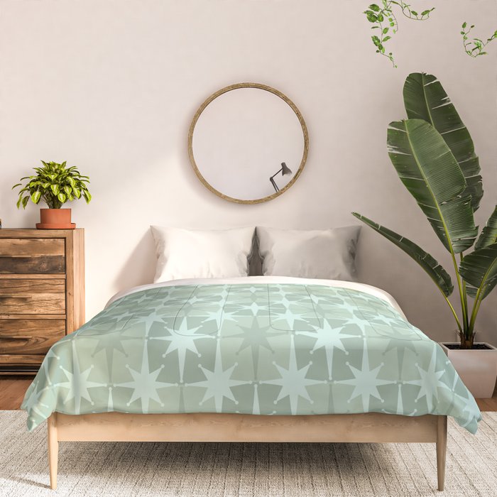 Mid Century Modern Atomic Stars Checkered Starburst Pattern in Retro Sea Glass Green Tone Comforter Gallery Image 3