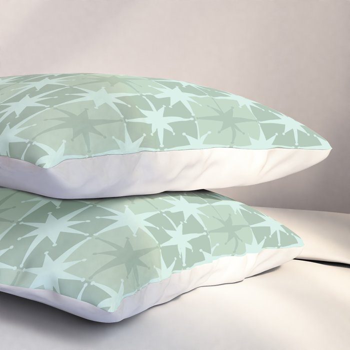 Mid Century Modern Atomic Stars Checkered Starburst Pattern in Retro Sea Glass Green Tone Pillow Sham Gallery Image 3