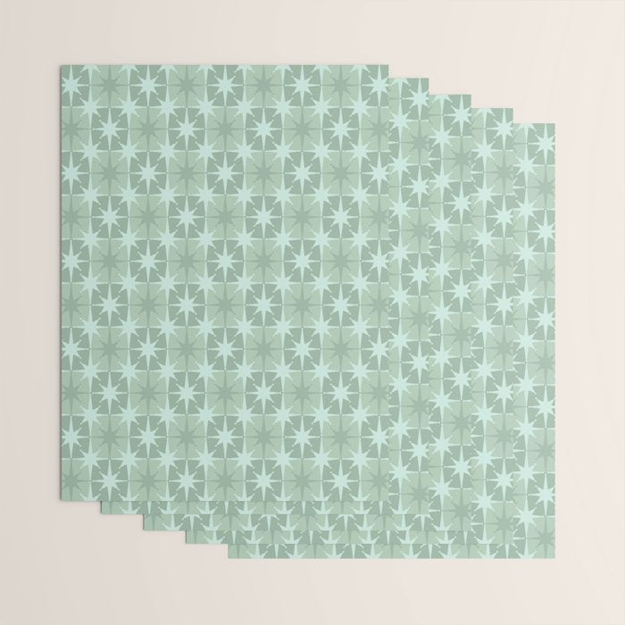 Mid Century Modern Atomic Stars Checkered Starburst Pattern in Retro Sea Glass Green Tone Wrapping Paper Gallery Image 3