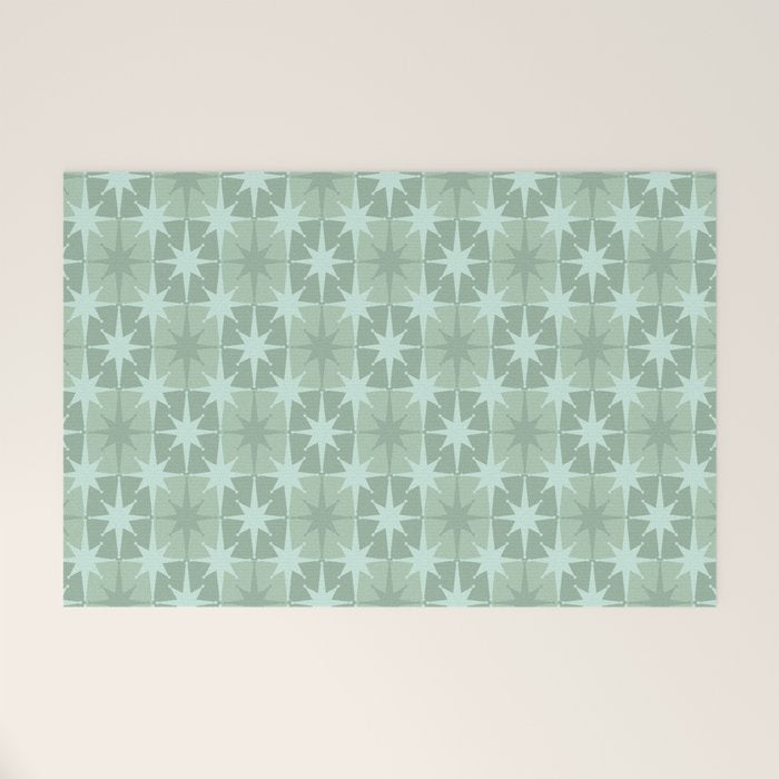 Mid Century Modern Atomic Stars Checkered Starburst Pattern in Retro Sea Glass Green Tone Welcome Mat Gallery Image 1