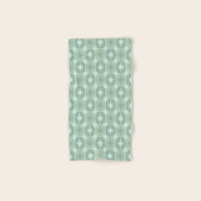 Mid Century Modern Atomic Stars Checkered Starburst Pattern in Retro Sea Glass Green Tone Bath Towel Gallery Image 1