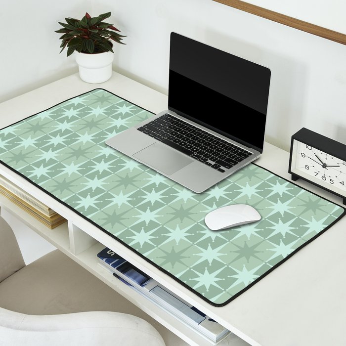 Mid Century Modern Atomic Stars Checkered Starburst Pattern in Retro Sea Glass Green Tone Desk Mat Gallery Image 2