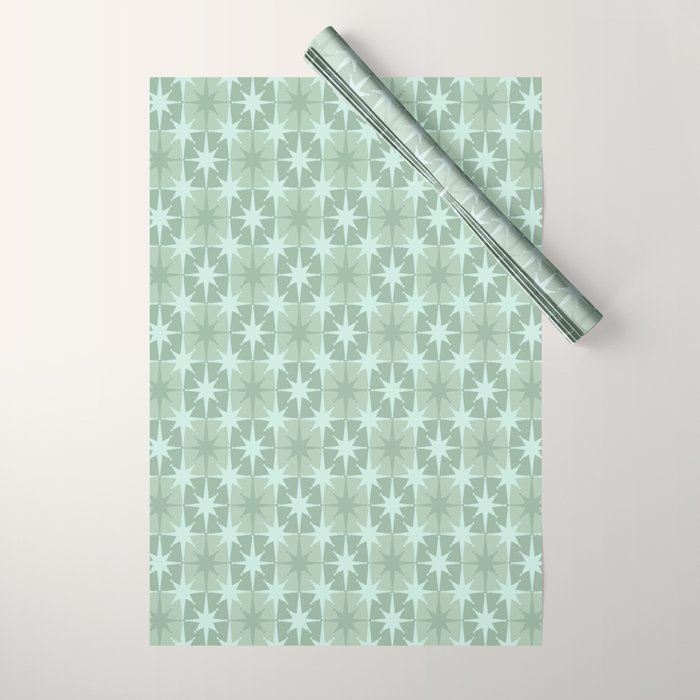 Mid Century Modern Atomic Stars Checkered Starburst Pattern in Retro Sea Glass Green Tone Wrapping Paper Gallery Image 1