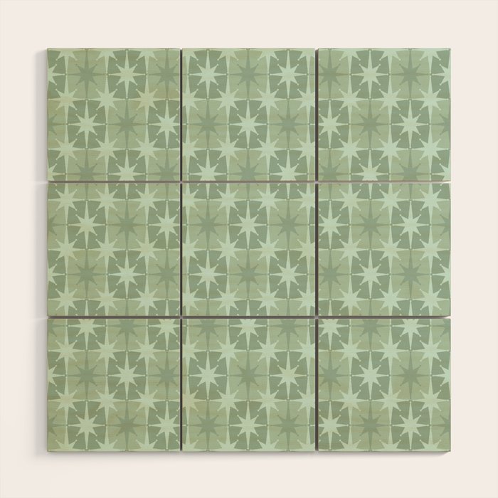 Mid Century Modern Atomic Stars Checkered Starburst Pattern in Retro Sea Glass Green Tone Wood Wall Art Gallery Image 1
