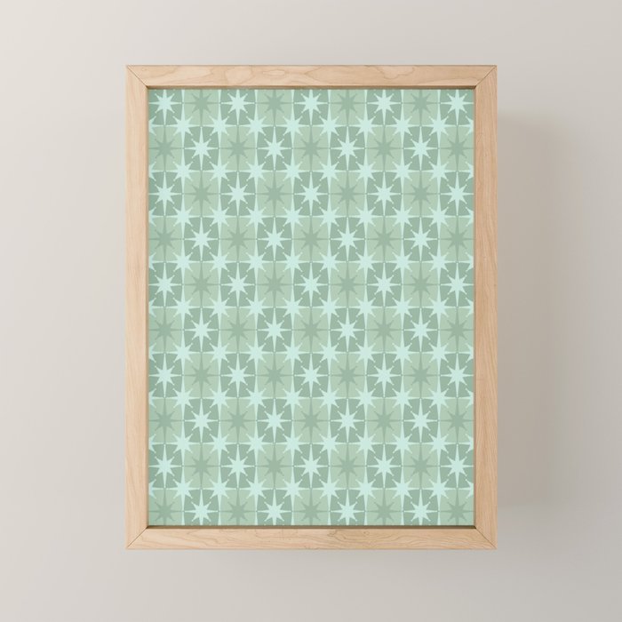 Mid Century Modern Atomic Stars Checkered Starburst Pattern in Retro Sea Glass Green Tone Mini Art Print Gallery Image 1