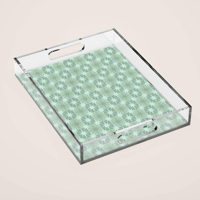 Mid Century Modern Atomic Stars Checkered Starburst Pattern in Retro Sea Glass Green Tone Acrylic Tray Gallery Image 1