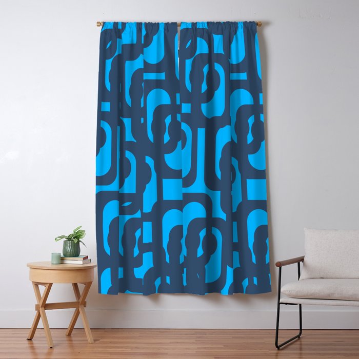 Mid Century Modern Blue Loop Abstract Pattern Window Curtain Gallery Image 1