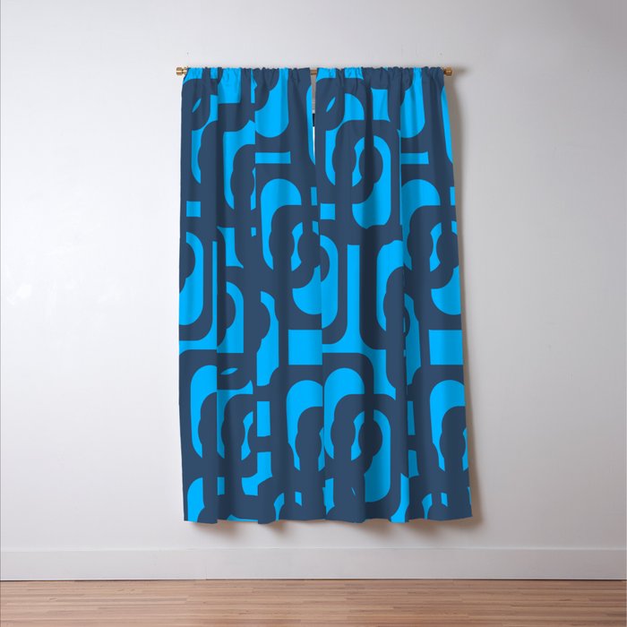 Mid Century Modern Blue Loop Abstract Pattern Window Curtain Gallery Image 3