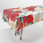 Red teal hand painted boho watercolor roses floral Tablecloth Gallery Image 1