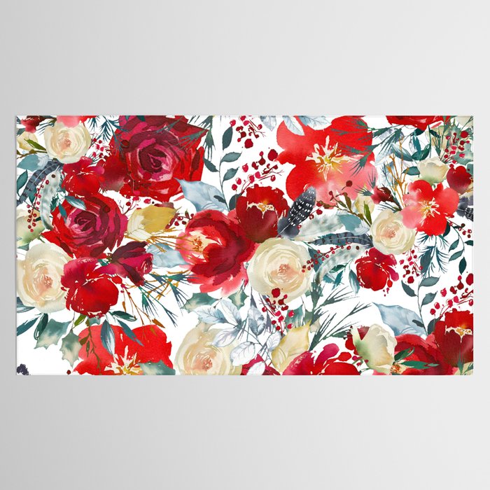Red teal hand painted boho watercolor roses floral Tablecloth Gallery Image 2