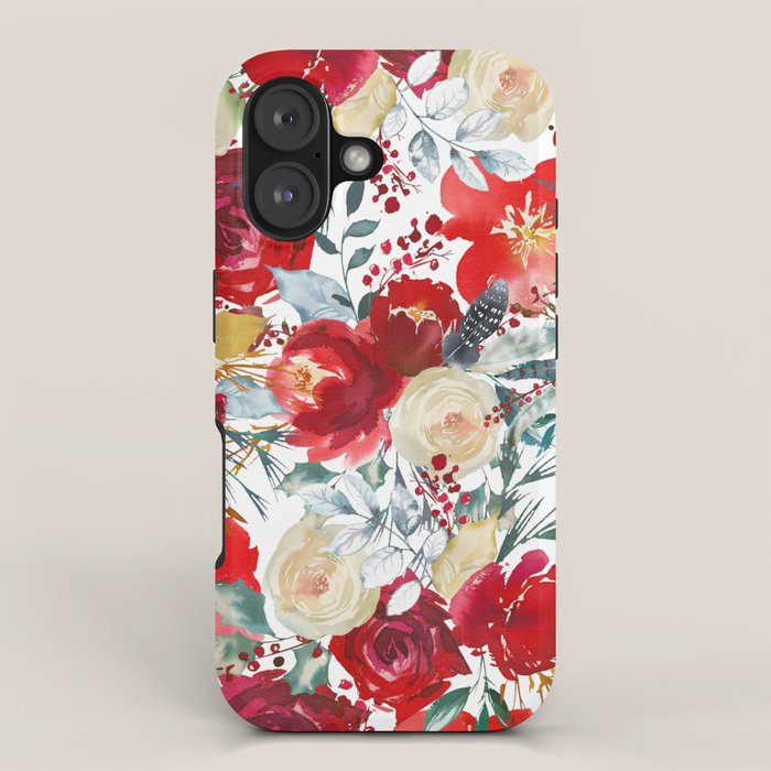 Red teal hand painted boho watercolor roses floral iPhone Case Gallery Image 1