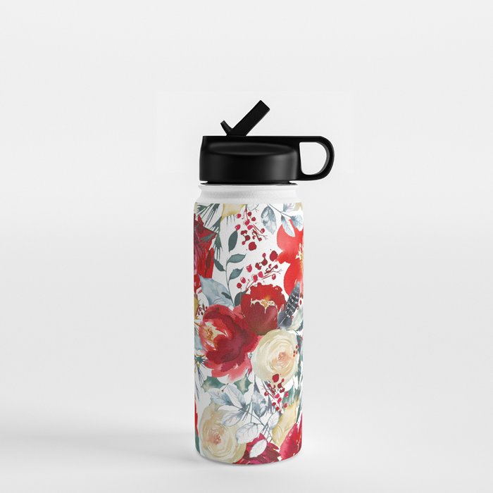 Red teal hand painted boho watercolor roses floral Water Bottle Gallery Image 1